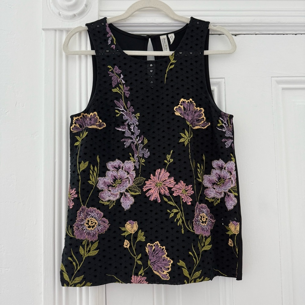Meadow Rue for Anthropologie Blue and Purple Embroidery Embellished Tank Top